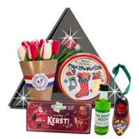 typisch-hollands-geschenkpakket Hollands Kerstpakket in Driehoek Vensterdoos met tulpen