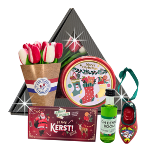 typisch-hollands-geschenkpakket Dutch Christmas Hamper in Triangle Window Box with tulips