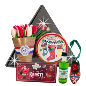 typisch-hollands-geschenkpakket Niederländischer Weihnachtskorb im dreieckigen Fensterkasten mit Tulpen