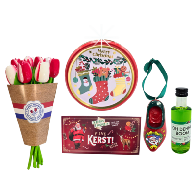 typisch-hollands-geschenkpakket Hollands Kerstpakket in Driehoek Vensterdoos met tulpen