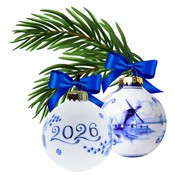Heinen Delfts blauw Set mit 2 Delfter-blauen, dekorierten Weihnachtskugeln, 7 cm – Windmühlenlandschaft und 2026
