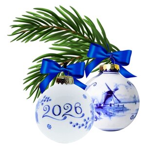Heinen Delfts blauw Set mit 2 Delfter-blauen, dekorierten Weihnachtskugeln, 7 cm – Windmühlenlandschaft und 2026
