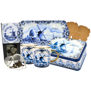 Typisch Hollands Delfter-Blau-Geschenkset – Teetassen – Spekulatius – Tablett und Tee