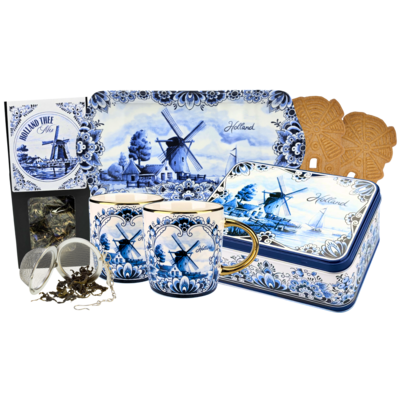 Typisch Hollands Delfter-Blau-Geschenkset – Teetassen – Spekulatius – Tablett und Tee