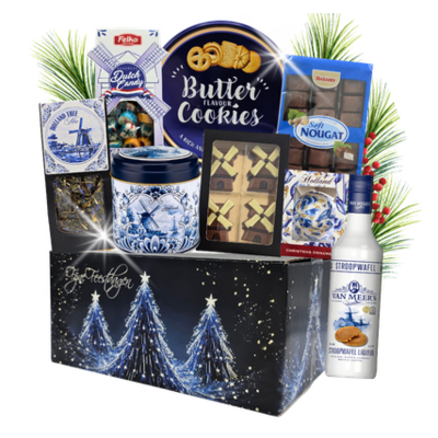 typisch-hollands-geschenkpakket Dutch Christmas Hamper - Delft Blue - Liqueur and Christmas bauble.