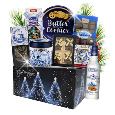 typisch-hollands-geschenkpakket Niederländischer Weihnachtskorb – Delfter Blau – Likör und Weihnachtskugel.
