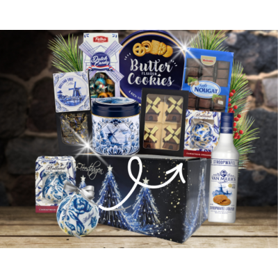 typisch-hollands-geschenkpakket Dutch Christmas Hamper - Delft Blue - Liqueur and Christmas bauble.