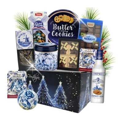 typisch-hollands-geschenkpakket Niederländischer Weihnachtskorb – Delfter Blau – Likör und Weihnachtskugel.