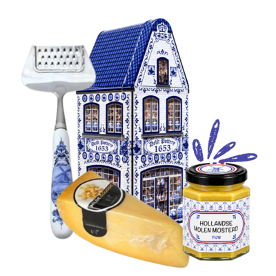 Typisch Hollands Kaas in geschenkblik met kaasrasp en mosterd - Oer-Hollands cadeau