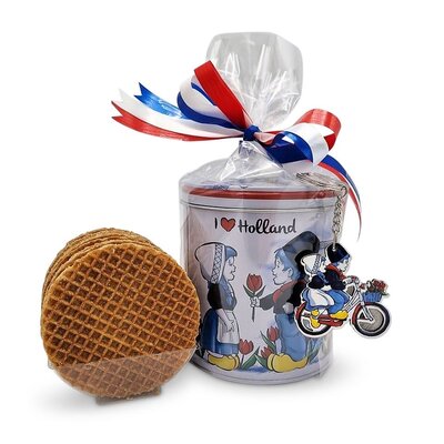 typisch-hollands-geschenkpakket Stroopwafels in an originally Dutch decorated tin - with keychain
