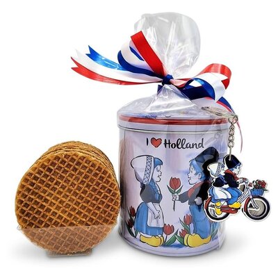 typisch-hollands-geschenkpakket Stroopwafels in origineel Holland gedecoreerd blik - met sleutelhanger