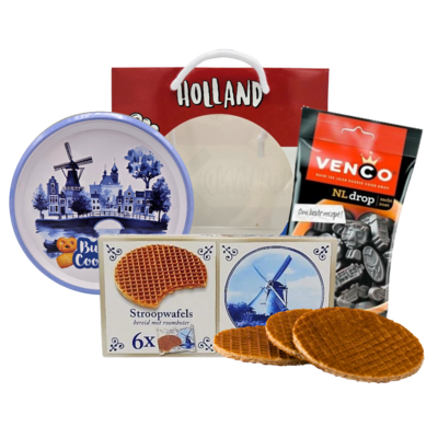 typisch-hollands-geschenkpakket Dutch delicacies in a Dutch window bag.