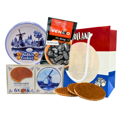 typisch-hollands-geschenkpakket Hollandse lekkernijen  in Nederlandse venstertas.