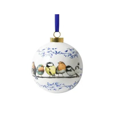 Heinen Delfts blauw Große weiße Weihnachtskugel – 8 cm mit Waldvögeln