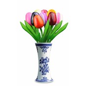 Heinen Delftware 9 kleine Tulpen aus Holz in einer Vase in Delfter Blau