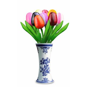 Nijhuis  9 small wooden tulips in a Delft blue vase