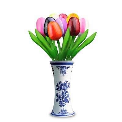 Heinen Delftware 9 kleine houten tulpen in Delfts blauwe vaas
