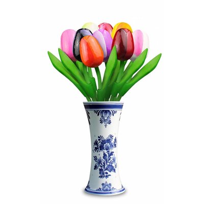 Heinen Delftware 9 kleine Tulpen aus Holz in einer Vase in Delfter Blau