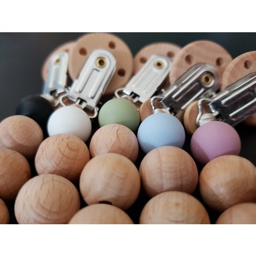 Houten speenkoord met diverse kleuren siliconen Houten speenkoord met diverse kleuren siliconen