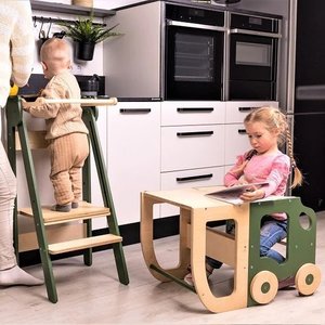 Toddlerinfamily Keuken stap kruk voor peuter / tafel en kruk alles in een - naturel/Khaki CAR