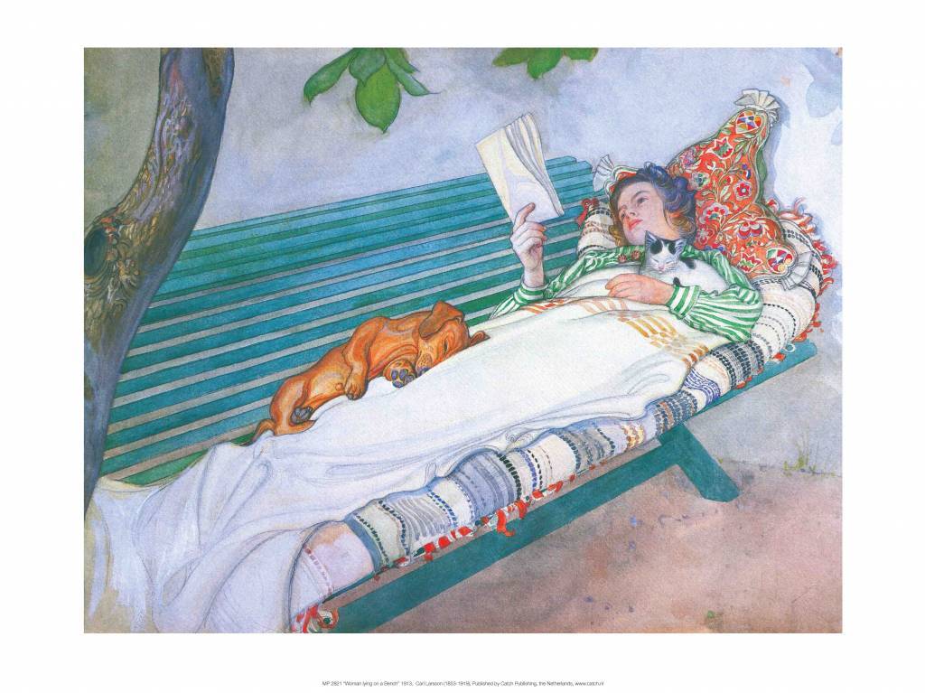 Catch Publishing Carl Larsson, Woman Reading on a Bench, with Cat & Dog