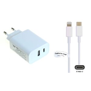 20 Watt snellader met USB A en USB C aansluiting + 1,0m USB C kabel met Lightning connector voor Apple iPhone, iPad en iPod
