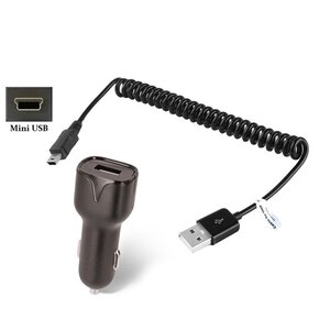 2.1A Autolader + 0,5m Mini USB spiraal kabel geschikt voor onder andere Garmin, Medion, Mio, Texas Instruments, TomTom