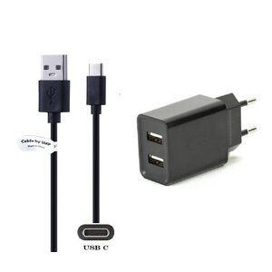 2.1A lader met 2 poorten + 0,25m USB C kabel