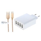 Oplader met 4 poorten + 3,0m USB kabel met Lightning connector geschikt voor Apple