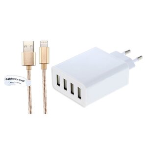 Oplader met 4 poorten + 3,0m USB kabel met Lightning connector geschikt voor Apple iPhone, iPad, iPod en Accessoires