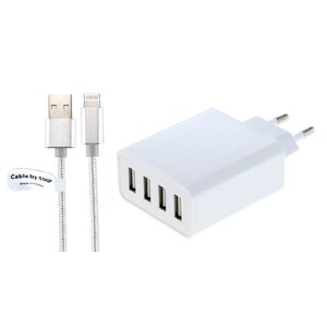 Oplader met 4 poorten + 2,0m USB kabel met Lightning connector geschikt voor Apple iPhone, iPad, iPod en Accessoires