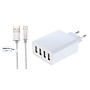 Oplader met 4 poorten + 2,0m USB kabel met Lightning connector geschikt voor Apple iPhone, iPad, iPod en Accessoires