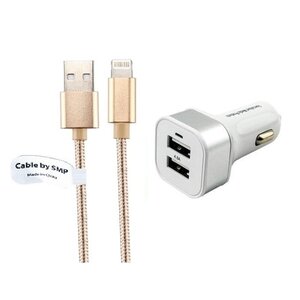 4.8A autolader met twee poorten + 3,0m kabel met Lightning connector geschikt voor Apple iPhone, iPad, iPod en Accessoires