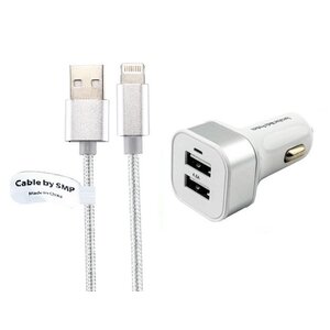 4.8A autolader met twee poorten + 2,0m kabel met Lightning connector geschikt voor Apple iPhone, iPad, iPod en Accessoires