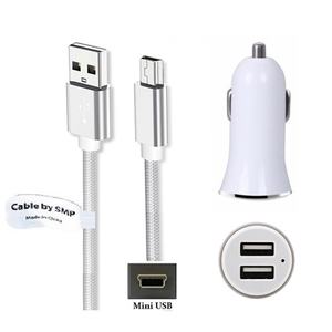2A autolader met 2 poorten + 1,5m Mini USB kabel geschikt voor onder andere Garmin, Medion, Mio, Texas Instruments, TomTom