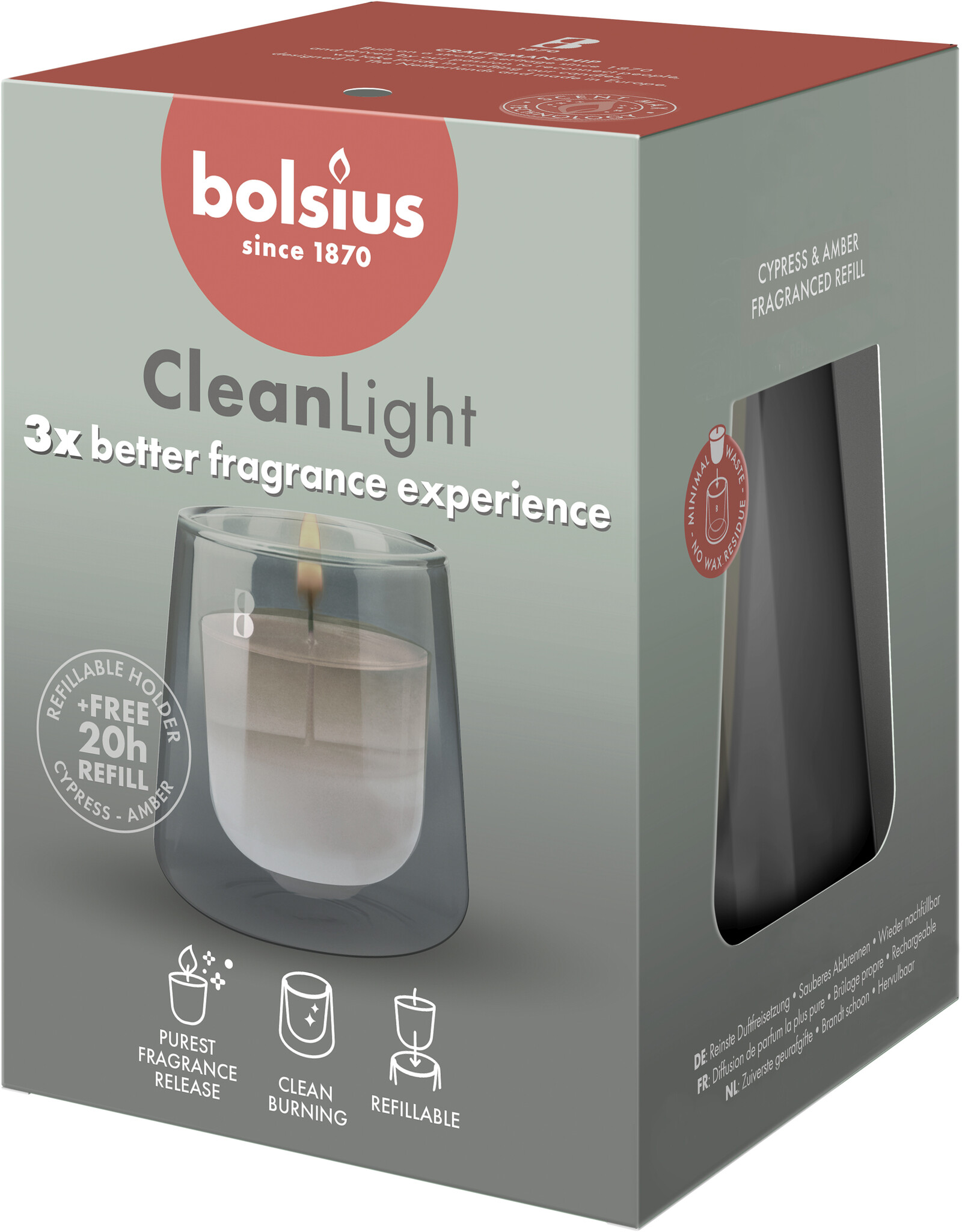 Bolsius CleanLight Starterset - Halter und Refill Cypress & Amber - grau