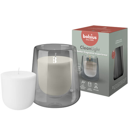 Bolsius CleanLight starterkit - Houder en navulbare geurkaars in Cypress & Amber - grijs