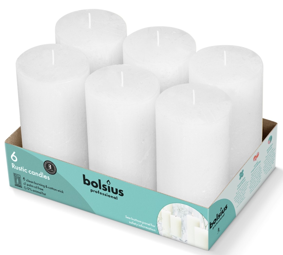 Bolsius Professional Rustik Stumpen Kerzen 130x68 mm Weiß, 6 Stück