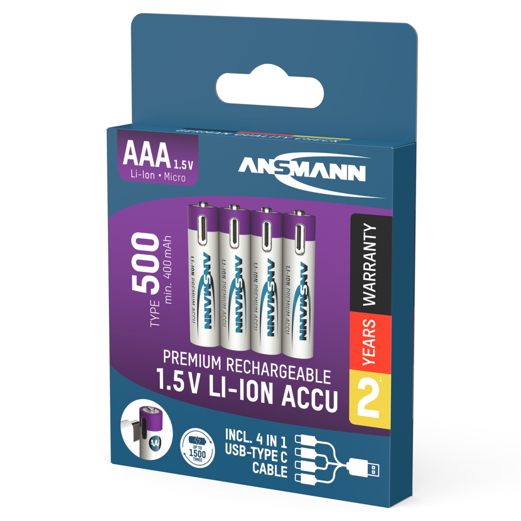 Accu Li-Ion AAA rechargeable par cable USB-C 500 mAh BL4 ANSMANN