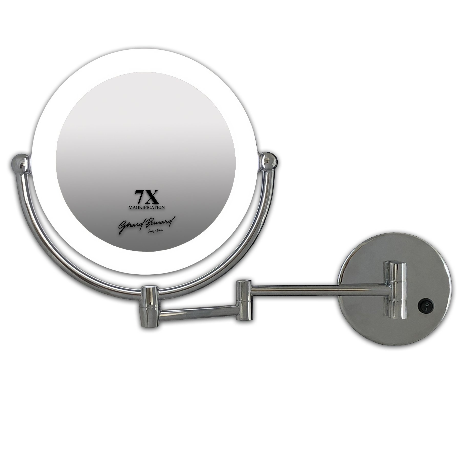 Gérard Brinard Metalen wand knik arm badkamer LED Spiegel chroom, Dubbelzijdig verlicht, 7x vergroting 22cm doorsnee, inculsief 4x AA batterijen en stroomkabel(USB).
