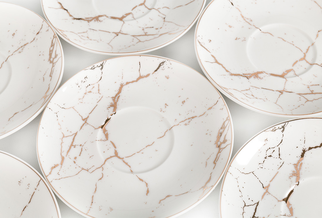 Koffieset - Fantasy - Marmerlook - Wit / Goud - 6 delig