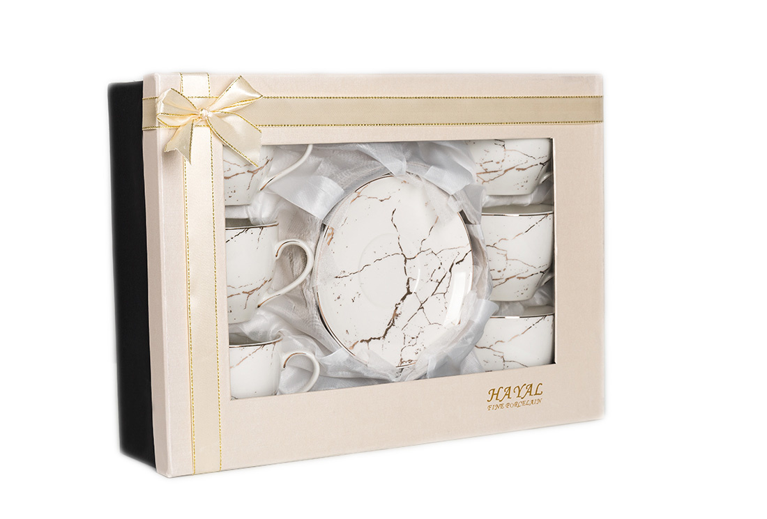 Koffieset - Fantasy - Marmerlook - Wit / Goud - 6 delig