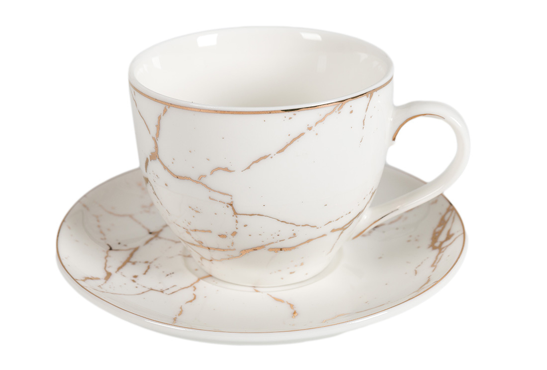 Koffieset - Fantasy - Marmerlook - Wit / Goud - 6 delig