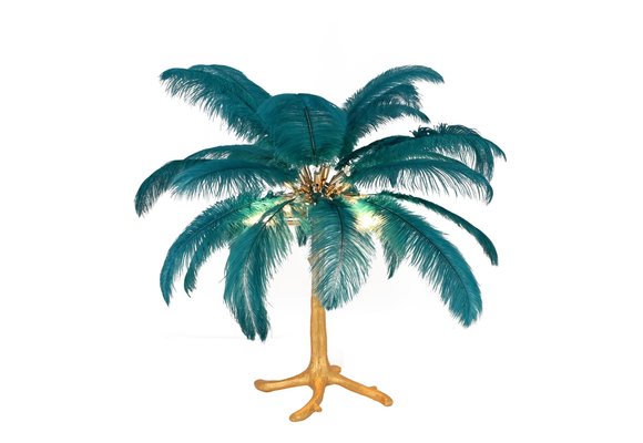 Tafellamp Palmboom met veren - Gold / Blue