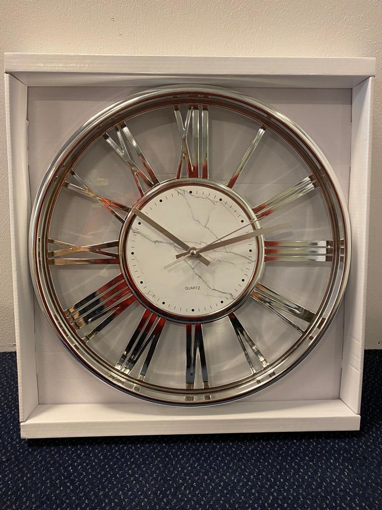 Klok Ferna - Zilver / Zilver - 40 CM - Wit Marmer