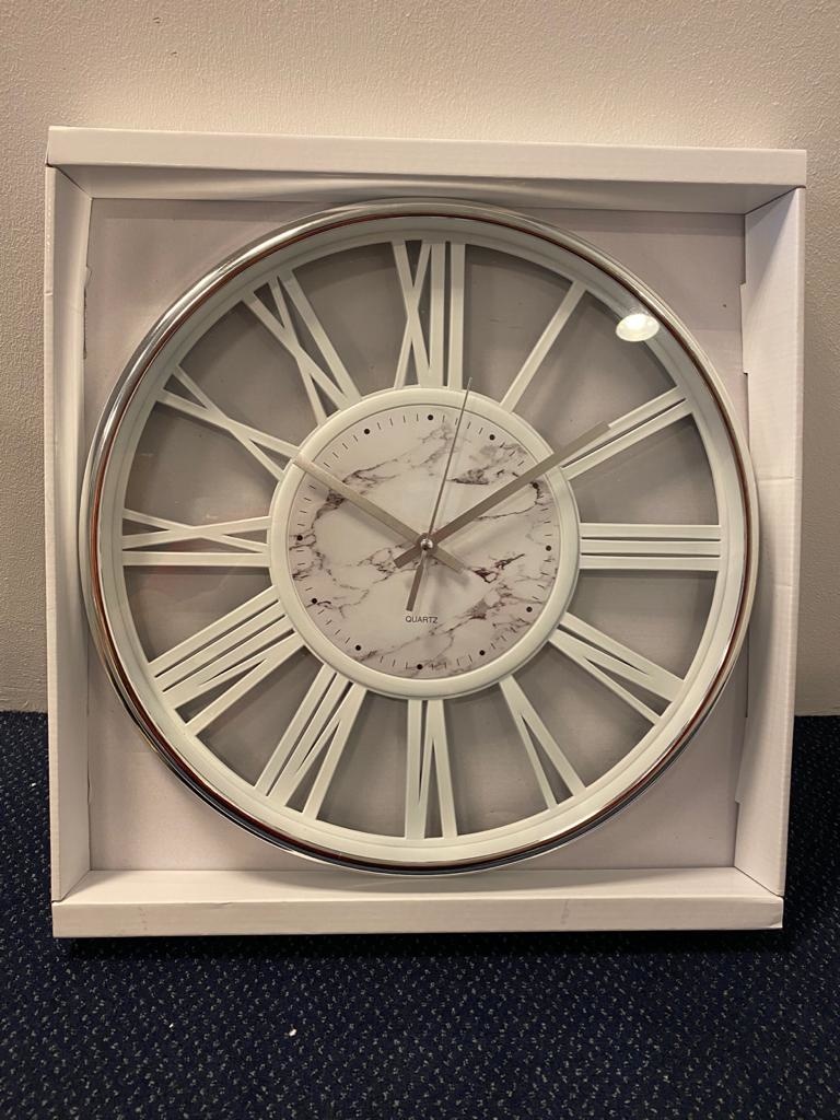 Klok Ferna - Zilver / Wit - 40 CM - Wit Marmer