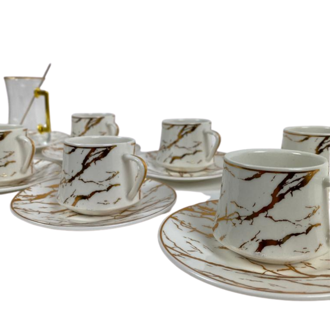 30 - delige koffie en thee set - wit marmer / goud