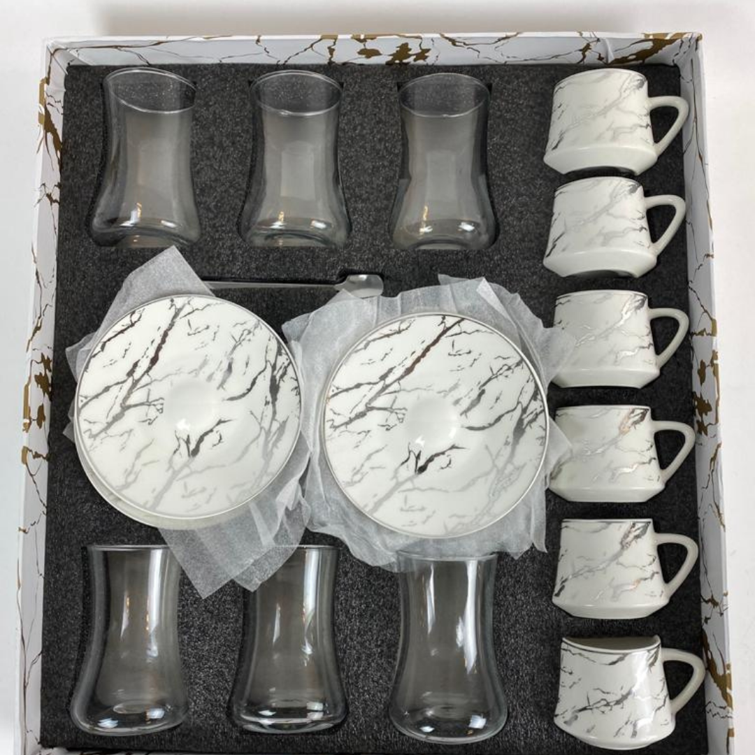 30 - delige koffie en thee set - wit marmer / zilver