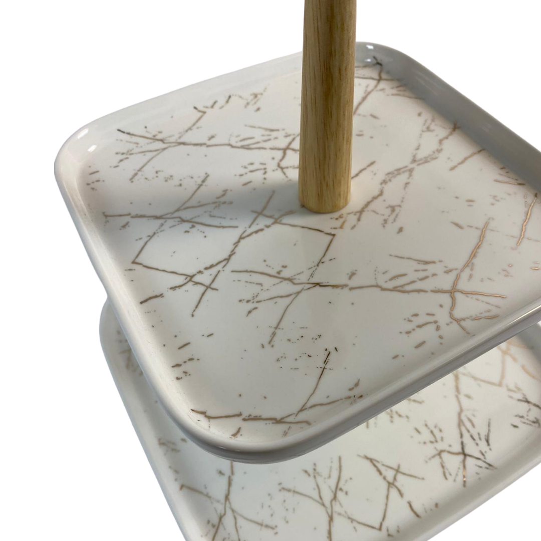 Etagère Bamboe Wit / Goud 2-laags -  Marmer design