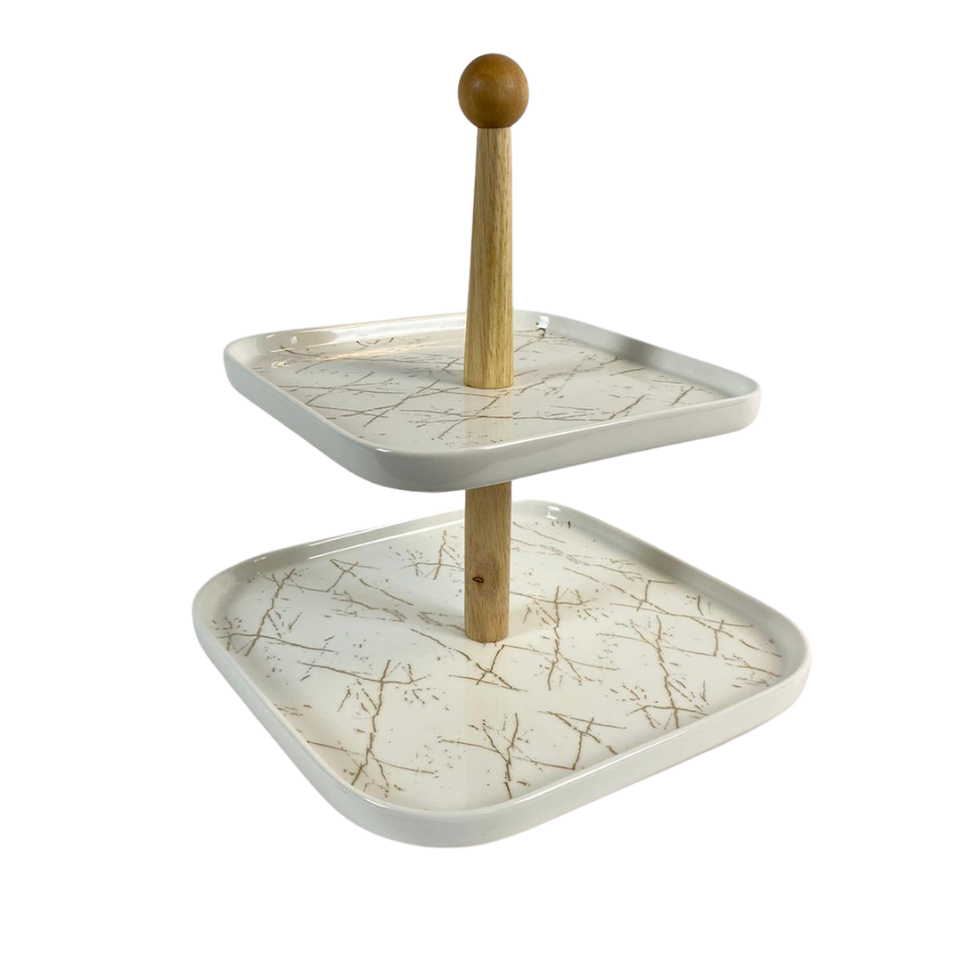 Etagère Bamboe Wit / Goud 2-laags -  Marmer design